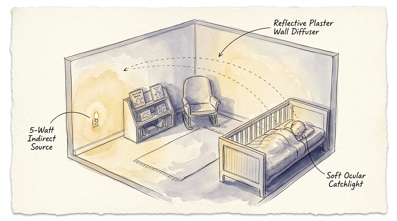 Watercolor diagram of a nursery showing light bouncing from a wall nightlight across the room to a sleeping baby in a crib.