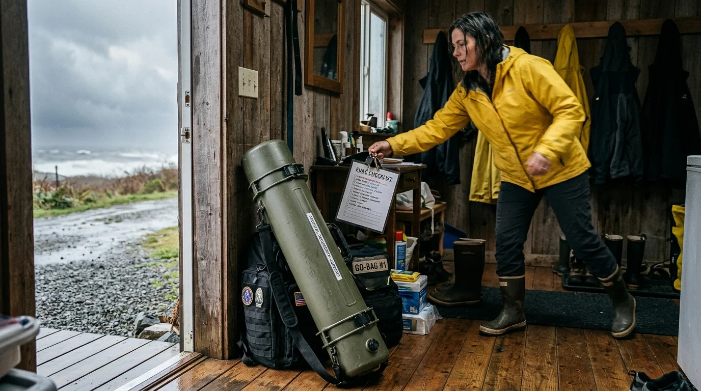 A woman in a yellow raincoat grabs car keys near a checklist, go-bag, and green protective tube by an open doorway.