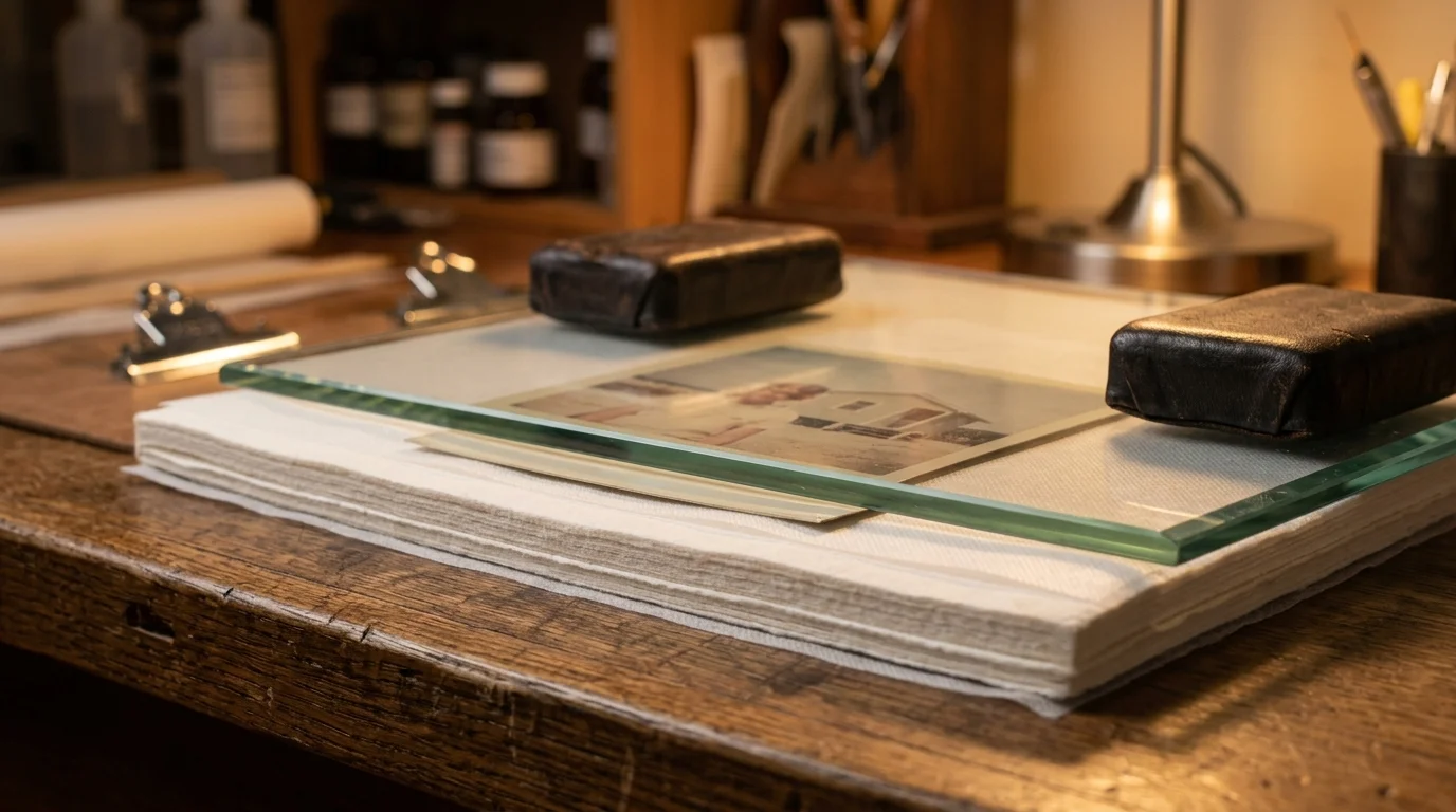 A vintage photograph pressed beneath a glass pane and weights on top of blotter paper on a wooden workbench.