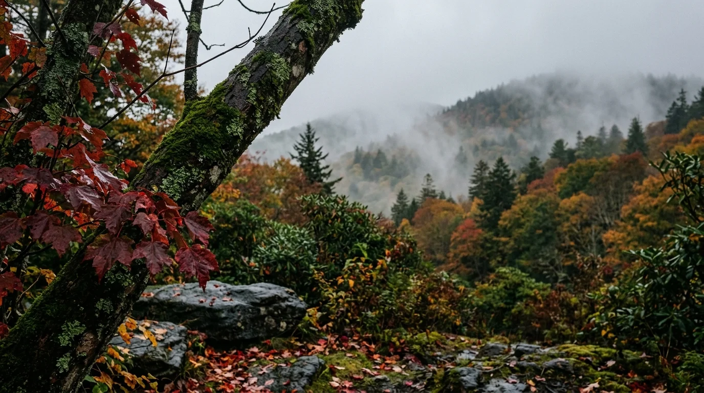 Mossy tree trunk and red maple leaves overlooking a foggy mountain hillside covered in autumn trees and evergreens.