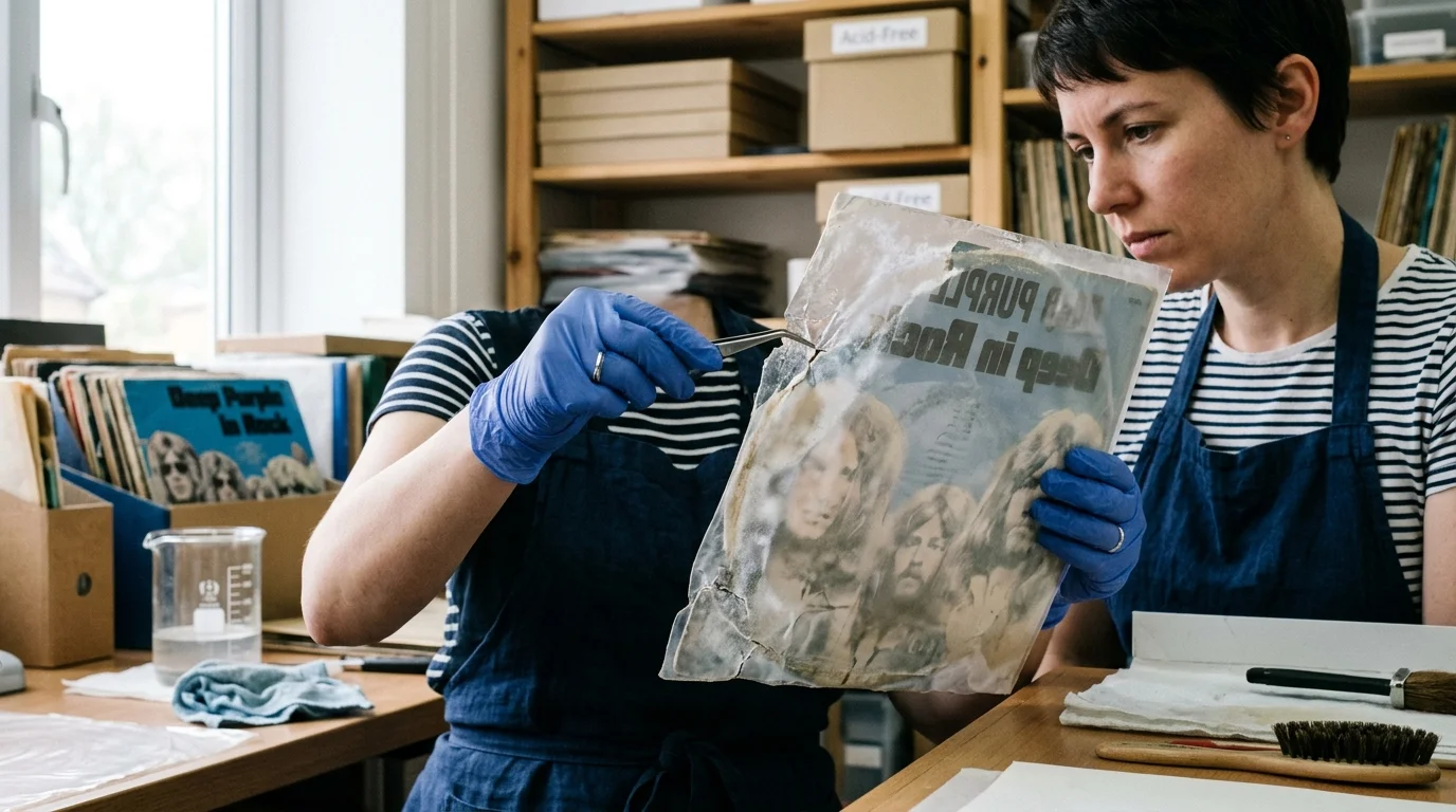 A conservator wearing blue gloves uses tweezers to inspect a damaged, vintage vinyl record sleeve in an archive workshop.