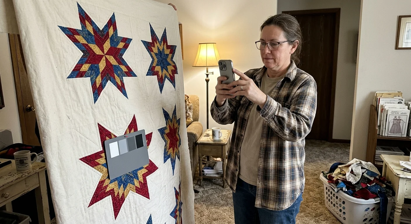 A woman photographing a hanging star quilt with a smartphone, with a gray balance calibration card pinned to the fabric.