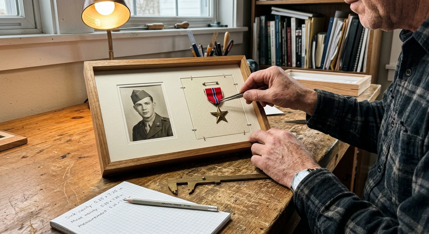 A man places a military medal with tweezers into a framed display next to a black-and-white soldier portrait.