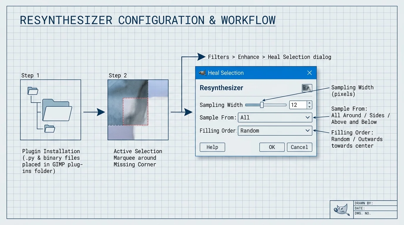 Diagram titled Resynthesizer Configuration & Workflow showing plugin installation steps leading to the Heal Selection dialog.