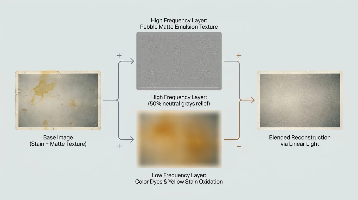 Diagram showing a stained base image split into high and low frequency layers, then blended back together via linear light.