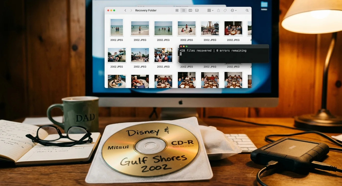 Gold CD-R on a desk in front of a computer monitor displaying photo thumbnails and a file recovery terminal window.