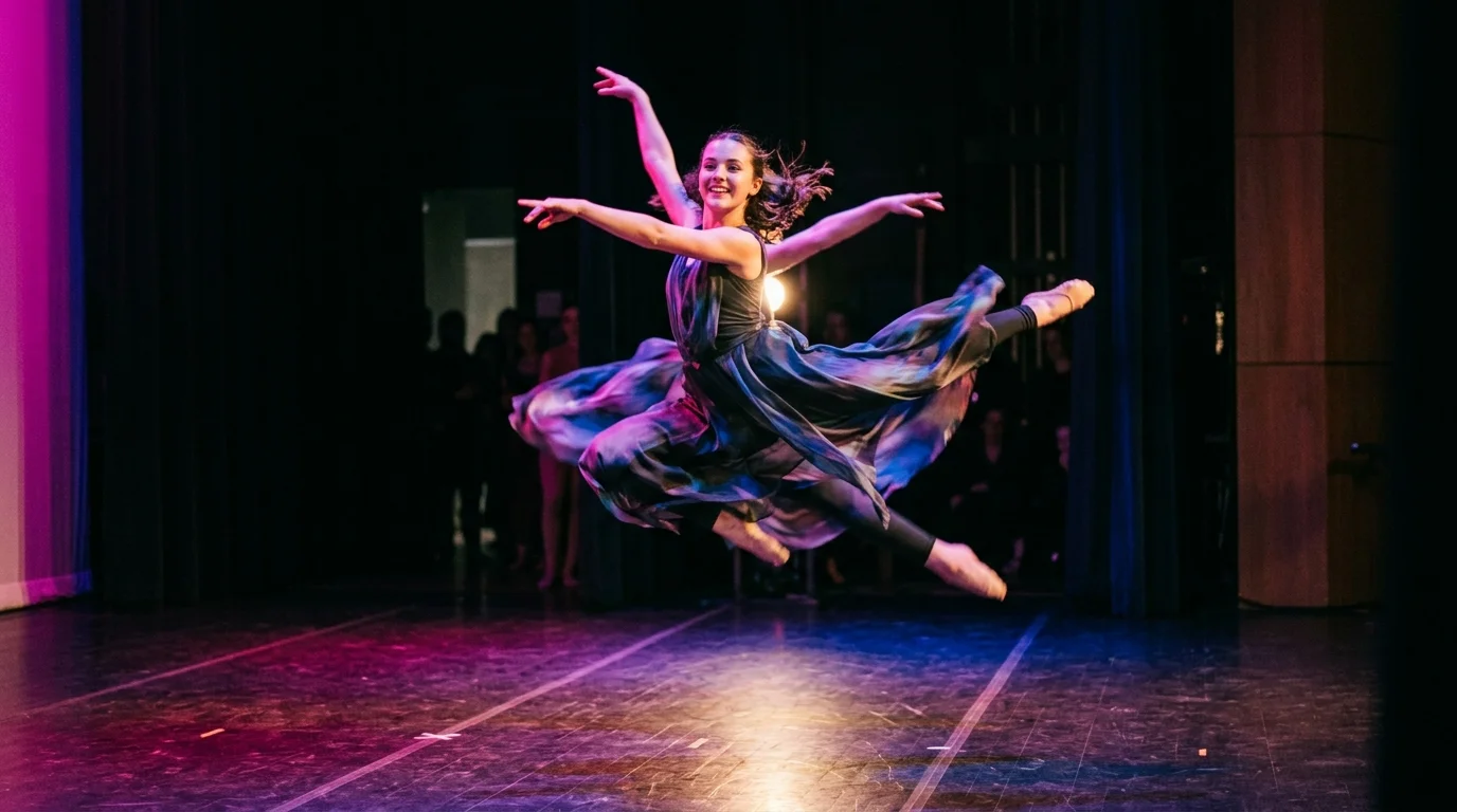 A dancer in a flowing dress leaps mid-air on a dark stage illuminated by colorful purple and warm lights.